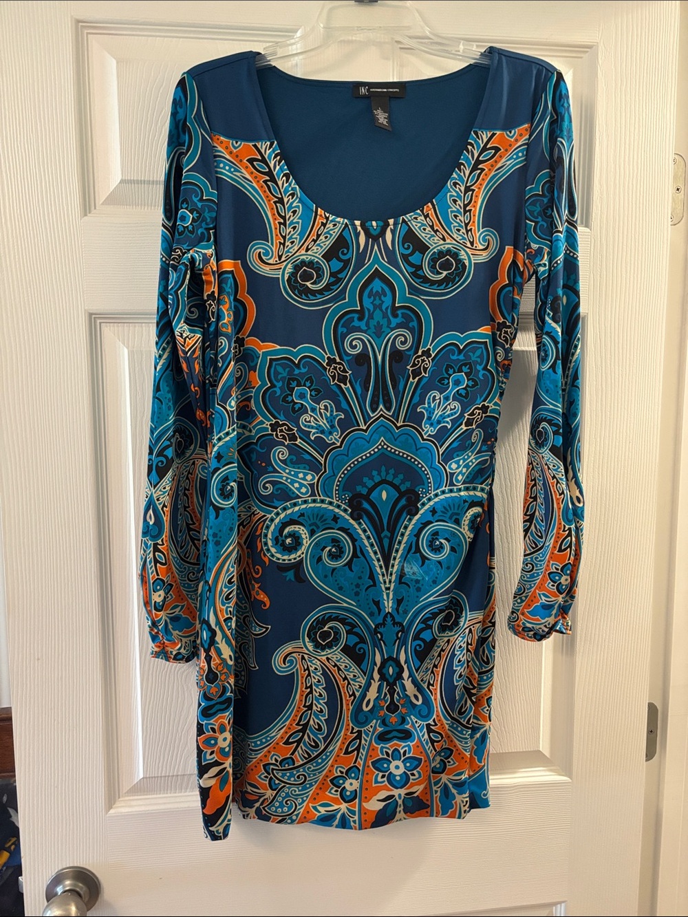 INC International Concepts Blue & Orange Paisley Long Sleeve Scoop Dress